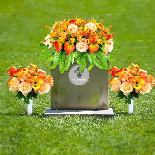 FLOWERIA Headstone Flower Saddle Cemetery Flowers for Grave - Artificial Tulips Roses Sympathy Flowers for Gravesite Decoration - color: Orange, size: 2 Bouquets 1 Saddle