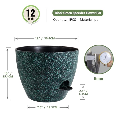 Meowell 12 inch Large Self Watering Pots for Indoor Outdoor Plants, Flower Plant Pots with Mesh Drainage Holes for Garden House Plants, Plastic Planters for Home, Black with Green Speckles - color: Black With Green Speckles, size: 12inch B