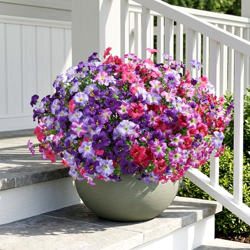 Artificial Flowers for Outdoors Decoration, 20 Bundles Faux Morning Glory with Eucalyptus Look Real UV Resistant Fake Plants Silk Flowers for Outside Yard Gardens Porch Patio Planter Home Urn, Mix - color: 4 Color(5 Purple, 5 Gradient Purple, 5 Fuchsia, 5