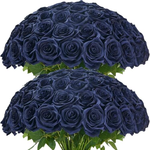 100 Pcs Fake Navy Blue Roses, Artificial Navy Flowers Bulk Realistic Silk Faux Roses with Stems for Wedding Table Centerpieces Bridal Bouquet DIY Floral Arrangement Event Party Home - color: Navyblue