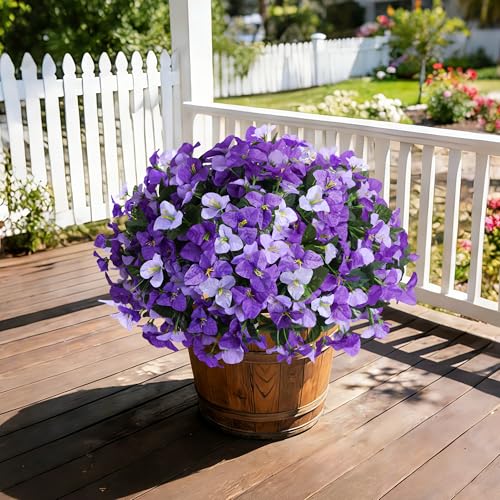Faux Bougainvillea Artificial Flowers for Outdoors Spring Decor, UV Resistant Outdoor Fake Plants 4 Bundles Realistic Silk Bougainvillea Flowers for Outdoor Porch Patio Window Planter Garden Home - color: Purple+lightpurple
