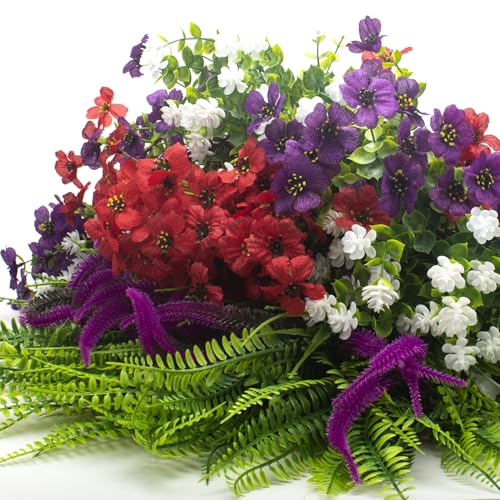 Grunyia 20Pcs Artificial Flowers for Outdoor UV Resistant & Waterproof, Realistic Fade-Proof Faux Greenery Shrubs Hanging Plants for Garden Porch Yard Lawn Patio Decorations (Vibrant Colors)