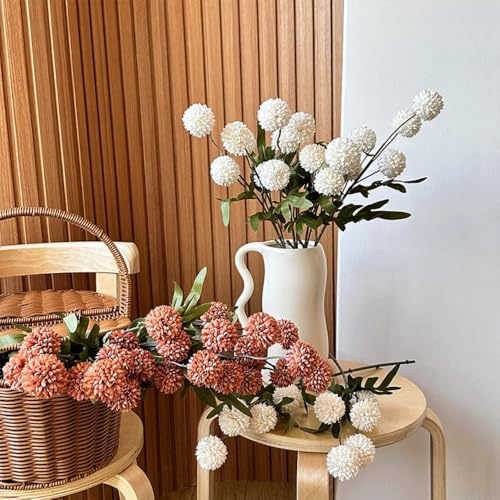 6pcs Pompon Mum Artificial Flower,Faux Silk Mini Chrysanth with Stems,for DIY Bouquet Centerpieces Office Wedding Decoration (White) - color: White