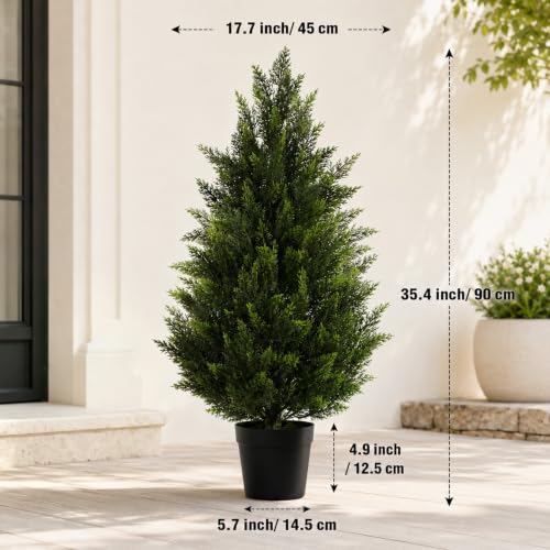 Artificial Topiary Cedar Trees 3FT Tall 2 Set, Outdoor Indoor Faux Pine Shrubs Plants, Realistic Fake Plants Front Porch Decor, Artificial Bushes Cypress for Home Front Door Offices - color: 2*pine Tree 3ft