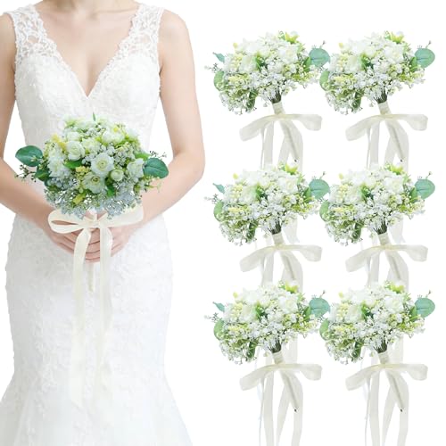 Artificial Bridesmaid Bouquets Set of 6 - Ivory White 9 Inch Flower Bouquet for Wedding Party Ceremony Dinning Table Centerpieces Decor Faux (Sweetheart Rose & Babys Breath & Ribbon) - color: Sweetheart Rose