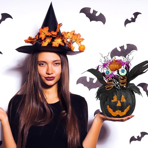 Giegxin 2 Pack Halloween Table Centerpieces Decorations 14'' x 10'' Pumpkin Table Artificial Flowers Tabletop Decor with Spider and Eyeball Halloween Tabletop Decor for Home Kitchen Indoor Outdoor - style: Black Pumpkin