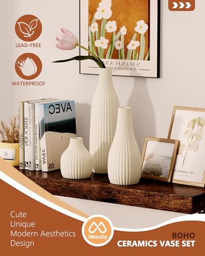 Decorative Flower Vase Set of 3 - Modern Boho Style Beige Vases, Ribbed Textures Ceramic Vase for Home Decor Shelf Bookshelf Mantle TV Stand Entryway Console, Dining Table Centerpiece Decor - color: Beige White