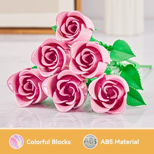 Rose Flower Bouquet Building Set: Artificial Flowers Botanical Collection Blocks Kit for Women Girls Wife Adults Home Decor Thanksgiving Christmas Mother's Day Valentine's Gifts 6-Pack - color: Pink