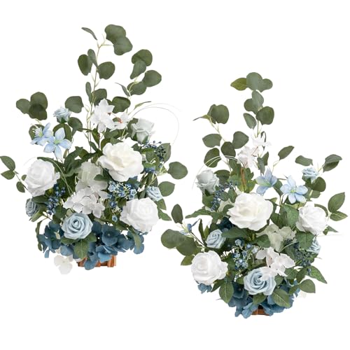Ling's moment 17.5" Tall Free Standing Artificial Flowers Arrangements 2 pcs Wedding Aisle Runner Chair Decorations Dusty Blue & White Centerpieces for Ceremony Reception Rose Floral Party Outdoor - color: Blu-dusty Blue & White