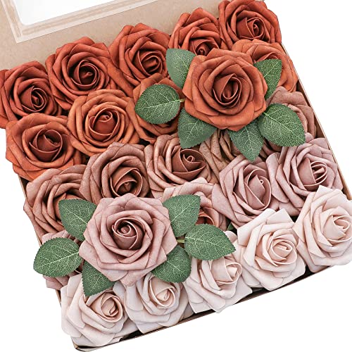 Floroom Artificial Flowers 25pcs Real Looking Burnt Orange Ombre Colors Foam Fake Roses with Stems for DIY Wedding Bouquets Bridal Shower Floral Centerpieces Party Tables Home Decorations - color: Shades of Burnt Orange (New)