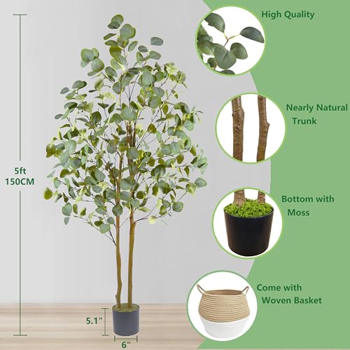Warmplants Artificial Eucalyptus Tree, 5ft Tall Fake Eucalyptus Plant with Woven Basket, 60'' Silk Leaves Faux Tree for Indoor Home Office Livingroom Garden Floor Décor - color: Eucalyptus, size: 5ft