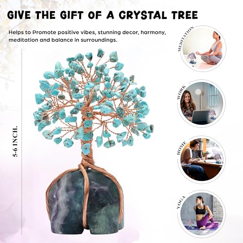 Crocon Howlite Green Turquoise Gemstone Money Tree with Fluorite Rough Wire Wrapped Base | Feng Shui Bonsai | Ornament Figurine | Chakra Balancing | Reiki Crystal Healing | Spiritual | Decor Size 5-6" - color: Ah Green Turquoise + Fluorite Base