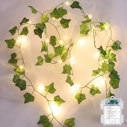 2 Pack Vines with Lights Battery Operated, 6.56ft 20 LED Vines with Fairy Light, Leaf Light with 8 Modes, Fake Vines Ivy String Lights for Bedroom, Wall, Room, Garden, Party Decor - color: Green Ivy, size: 2 PACK x 6.56 FT