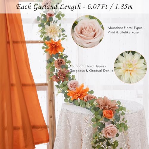 Waipfaru 6Ft Fall Garland Decor, 6Ft Eucalyptus Flower Garland for Table, Fall Floral Vines with Terracotta Flowers for Wedding Arch Backdrop Wall Thanksgiving Decorations (Terracotta) - color: Terracotta-6.07ft, size: 1 Pack