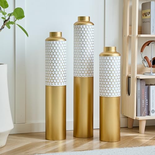 Floor Vases, Tall Home Decor Metal Vase Set of 3 Large Glazed Decorative Vases for Wedding Decor, Elegant Modern Flower Holder for Living Room, Entryway, Hallway - color: Honeycomb White Gold