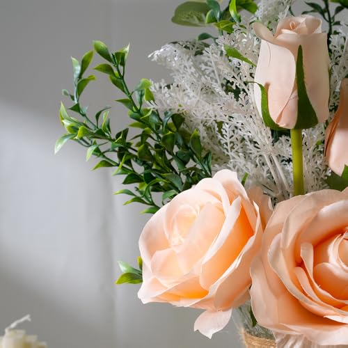 Fake Flowers with Vase Silk Rose Flowers in Vase Eucalyptus Flowers Arrangement Suitable for Home Office Decoration, Dining Table Centerpiece (Rose-Champagne) - color: Rose-champagne
