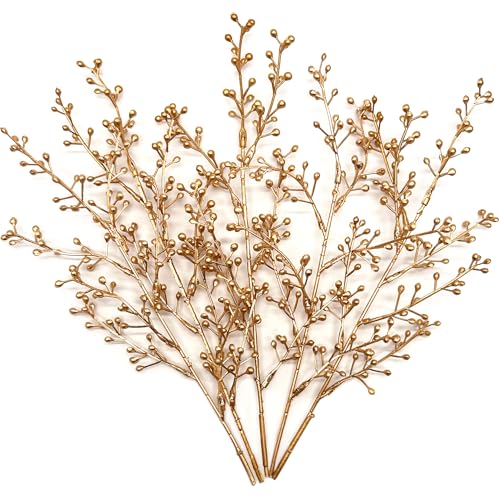 Artificial Golden Berry Stem Decor, Faux Glitter Flowers Stems Branches Plants Fake Berries Sticks Plant for Indoor Wedding Bouquet Party Wreath Crafts Gift Christmas Tree DIY Decoration - Gold 6 Pcs - color: Gold Berry Stem - 6 Pcs