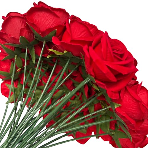 FagusHome 30 Pcs Silk Rose Artificial Flowers Roses Bulk Bouquet Fake Flowers Rose Heads with Stems for Home Wedding Decor (Red) - color: Red
