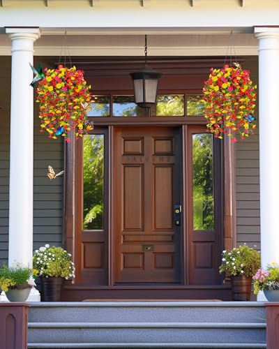 Cascading Fake Hanging Flowers for Outdoors,Realistic Artificial Hanging Plants Yard Decorations,4 Bundles UV Resistant NO Fade Silk Colorful Morning Glory for Outside Garden Planter Front Porch Decor - color: Red Yellow Rose