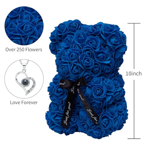 DuHouse Rose Bear Rose Teddy Bear Flower Gift Box for Valentines Gifts Anniversary Christmas,Birthdays Bridal Showers -Fully Handmade 10 inch Flower Bear Clear Gift Box(Royal Blue with Necklaces) - color: Royal Blue With Necklaces