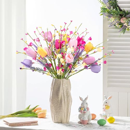 15 Pcs Artificial Tulips Wildflowers Spring Flower Stems, Fake Tulips Artificial Flowers Bouquets with Wildflowers, Colorful Spring Floral Picks for Easter Spring Floral Arrangements Vase Centerpieces - color: Flower Stems-15pcs