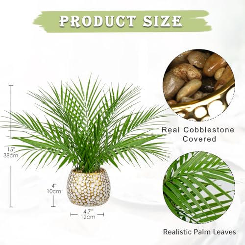 Briful Fake Plants 15'' Faux Palm Plant in Gold-White Pot | Realistic Tropical Artificial Plants Indoor for Home Farmhouse Mini Palm Tree Centerpieces for Tables Outdoors Kitchen Top Decor - color: 15'' Tall White and Gold