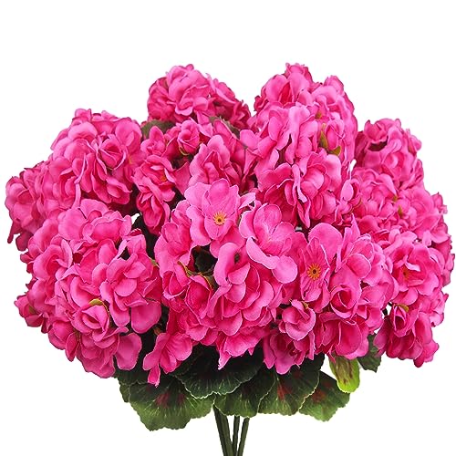 CISDUEO 4 Pcs Artificial Geraniums Silk Flowers Outdoor Artificial Geranium Bush Rose Red Faux Flowers Geraniums for Floral Home Decor Outdoor Indoor Garden Patio Grave Cemetary Vase Table Centerpiece - color: Rose Red