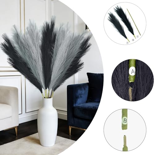 TORONTOKYO 8Pcs Black and Grey Faux Pampas Grass Tall Decor, 35.4” Fluffy Artificial Pompous Grass Branches, Large Pampas Grass Reed Stems for Floor Vase Filler, Wedding, Baby Shower, Home Boho Decor - color: Black, Grey, Silver, size: 35.4inch-8Pcs