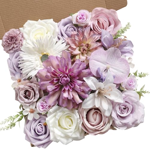 rongflower Artificial Flowers Box Silk Flowers Fake Rose for DIY Wedding Bridal Bouquet, Centerpieces, Home Decor, Floral Arrangement Decor (White Purple) - color: White Purple