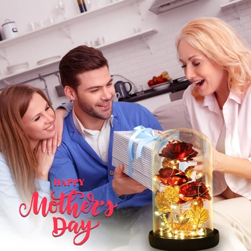 Valentine's Day Gifts for her, Eternal Rose in Glass Dome - Beauty and The Beast Inspired Keepsake, Gifts for Mom/Wife/Grandma, Preserved Roses with LED Light for Birthday/Anniversary - color: Red