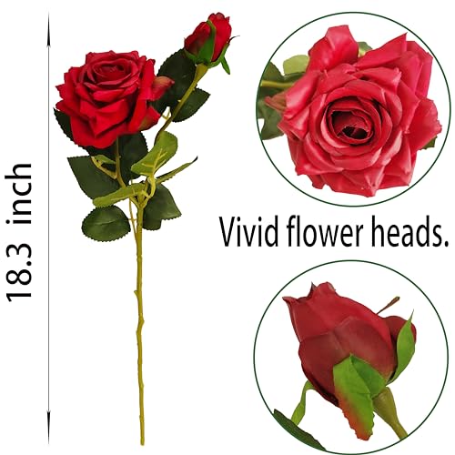 ATFL Fake Red Roses Flowers, 6 Pcs Faux Silk Real Touch Moisturizing Artificial Rose Flowers for Decoration DIY Wedding Party Home Office Decoration and Dining Table Centerpiece (6, red) - color: Red