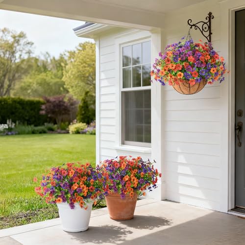 Hommyea Artificial Flowers for Outdoors, 12 Bundles Multicolor Silk Fake Flower for Spring Summer Decoration, UV Resistant No Fade Artificial Outdoor Plants for Home Planter Porch Patio Yard Decor - color: Double Purple,red,orange