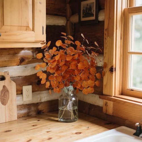 4PCS 23.62" Burnt Orange Fall Eucalyptus Stems Artificial Eucalyptus Leaves for Autumn Vase Decoration,Rustic Thanksgiving Centerpiece & Christmas Home Decor - color: Autumn Yellow