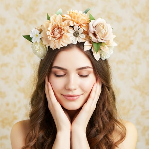 Janinka 100 Pcs Champagne Assorted Fake Flower Heads with Long Stem Mini Artificial Flower Bulk Mix Silk Faux Daisy for Crafts Fake Peony Rose for DIY Wedding Party Wreath Home Decoration - color: Champagne
