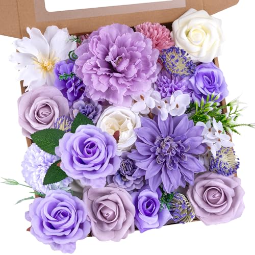 Purple Flowers Artificial Roses Combo Set Fake Purple Silk Flowers Faux Flowers Mix Chrysanthemum Dahlia with Stems for Wedding Bouquets Baby Bridal Shower Party Floral Arrangements Decor - color: Purple, size: The Modern Classic