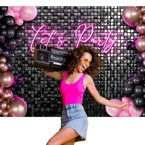 Riyidecor Let's Party Backdrop Modern Disco 80s Black Neon Pink Plaid Checkered Balloons Fashion Shinning Groovy 7Wx5H Feet Girls Photography Background Birthday Photo Studio Shoot Polyester Fabric - color: F-Party, size: 7Wx5H