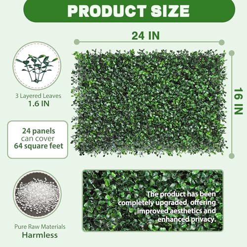ODTORY Artificial Grass Wall Panels, 24 x 16 in 24P (64 sqft) UV-Resistant Faux Boxwood Vine Privacy Screen, Greenery Fence Cover for Balcony, Backyard, Garden and Indoor Outdoor Home Decor - size: 16"X24" 24P