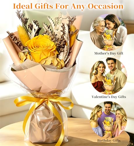 Preserved Flowers Bouquet,Flowers For Delivery,Yellow Rose Bouquets,Birthday Flowers Gifts For Women Mom Grandma Wife Friends,Real Roses Gift From Daughter Valentine’S Day Mothers Day Anniversary - color: Yellow, size: Rose Bouquet