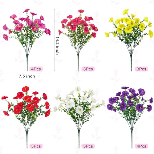 Bassion Artificial Flowers for Outdoors, 20 Bundles Silk Fake Flowers UV Resistant Realistic Morning Glory Faux Eucalyptus Plants for Outside Planters Porch Window Box Garden Indoor Decor - color: Multi Color(red,white,yellow,purple,rose Red,fuchsia)
