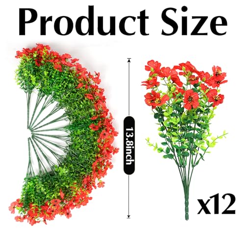 Artificial Flowers for Outdoors, 12 Bundles Outdoor Faux Plants,Uv Resistant Artificial Fake Flowers Plants, Realistic Spring Decor for Porch, Patio, Yard (Red) - color: Red