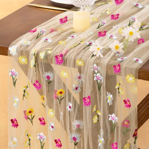 Socomi Flower Table Runner Summer Daisy Floral Tulle Gauze Cheesecloth Embroidery Table Runners for Tea Party Garden Wedding Bridal Baby Shower Birthday Picnic Decor Beige 3pcs - color: Flower Beige, size: 10ft X 3pcs