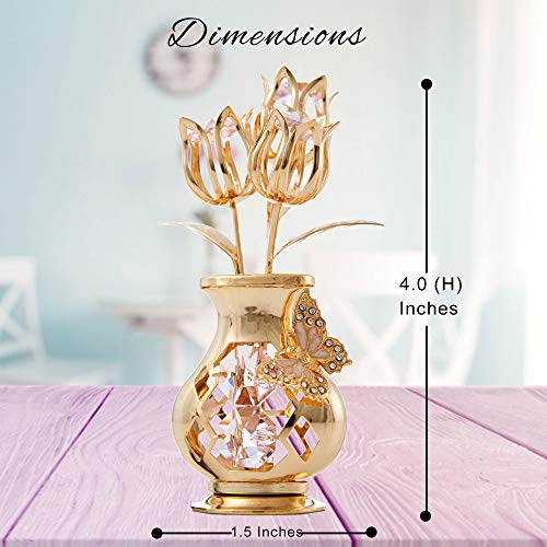 Matashi Crystal Studded 24K Gold Plated Flower Ornament with Pink Crystals and Butterfly Vase – Elegant Tabletop Accent for Living Room – Keepsake Gift for Women, Mom, Wife, Grandma, Birthday - color: Pink Crystal