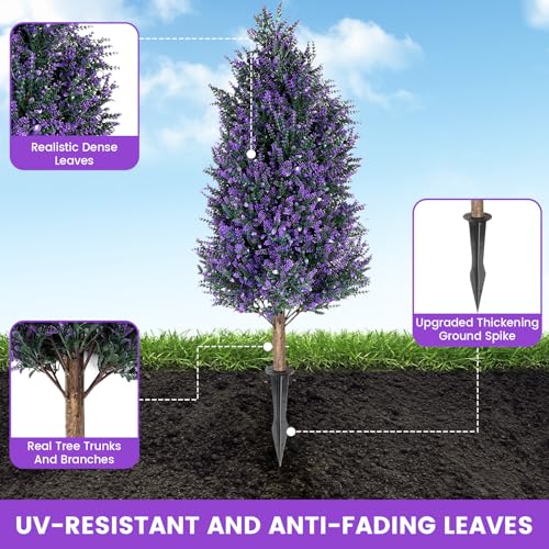 3FT Artificial Lavender Topiary Trees with Spike, 2 Pack UV Resistant Artificial Outdoor Shrubs Fake Bushes, Fake Plants for Indoor Outdoor Front Porch Garden Decor - color: 2 Pack 3ft Lavender