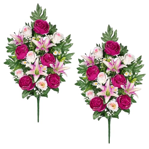 Briful 2 Set Artificial Cemetery Flowers for Grave, Silk Sympathy Grave Flowers Bouquet Fake Rose Peony Lily Floral Arrangement for Outdoor Vase Funeral Memorial Mother’s Day Decor - color: Purple Pink