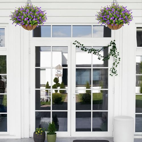 NETAP Artificial Hanging Flowers Basket for Outdoor, 16 Fake Flowers Look Real UV Resistant, Faux Hanging Plants for Porch, Balcony, Patio, Garden, Spring Summer Decor,Purple - color: Purple