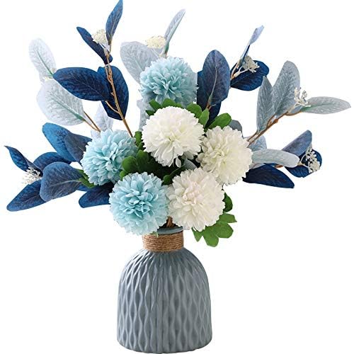 Artificial Flowers with Ceramic Vase Faux Hydrangea Flower Arrangements Table Centerpieces for Home Garden Party Wedding Decoration - color: Blue
