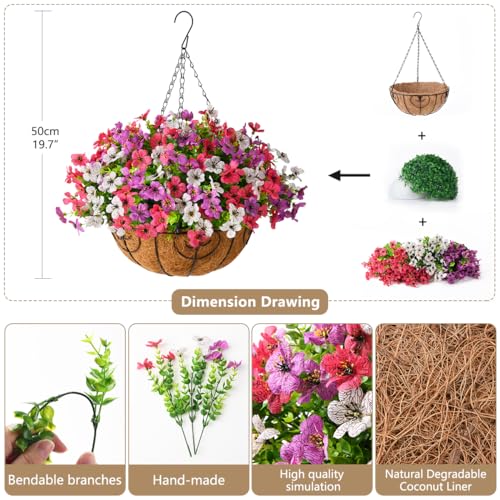 Artificial Faux Hanging Plants Flowers Basket for Outdoor Spring Summer Decoration,Fake Silk Daisy in Planter Realistic UV Resistant for Outside Home Porch Patio Balcony Yard(Purple White Rose) - color: Purple White Rose