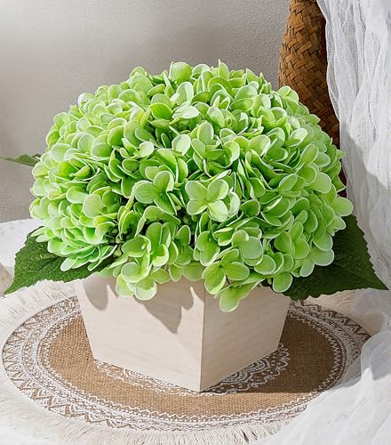Artificial Hydrangea Flowers Arrangement in Wood Planter, 4PCS Fake Green Flowers in Wooden Vase Potted Floral Centerpieces for Tables Living Room Home Office Room Shelf Kitchen Decor - color: Light Green Hydrangea
