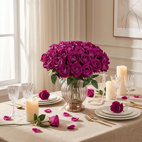 50 PCS Magenta Roses Artificial Flowers, Real Looking Fake Roses with Long Stems Silk Flowers for DIY Wedding Bouquet Party Celebration Home Bridal Baby Shower Decoration Birthday Gift for Her Wife - color: Magenta