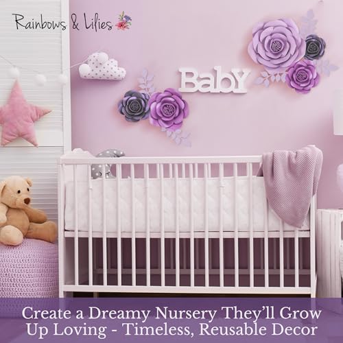 Rainbows & Lilies 10pc Large Paper Flowers Decorations for Wall – 3D Flower Wall Backdrop for Nursery, Girls Room, Baby Shower, Wedding, Bridal Shower – Pre-Assembled Reusable Purple Rose Decor Set